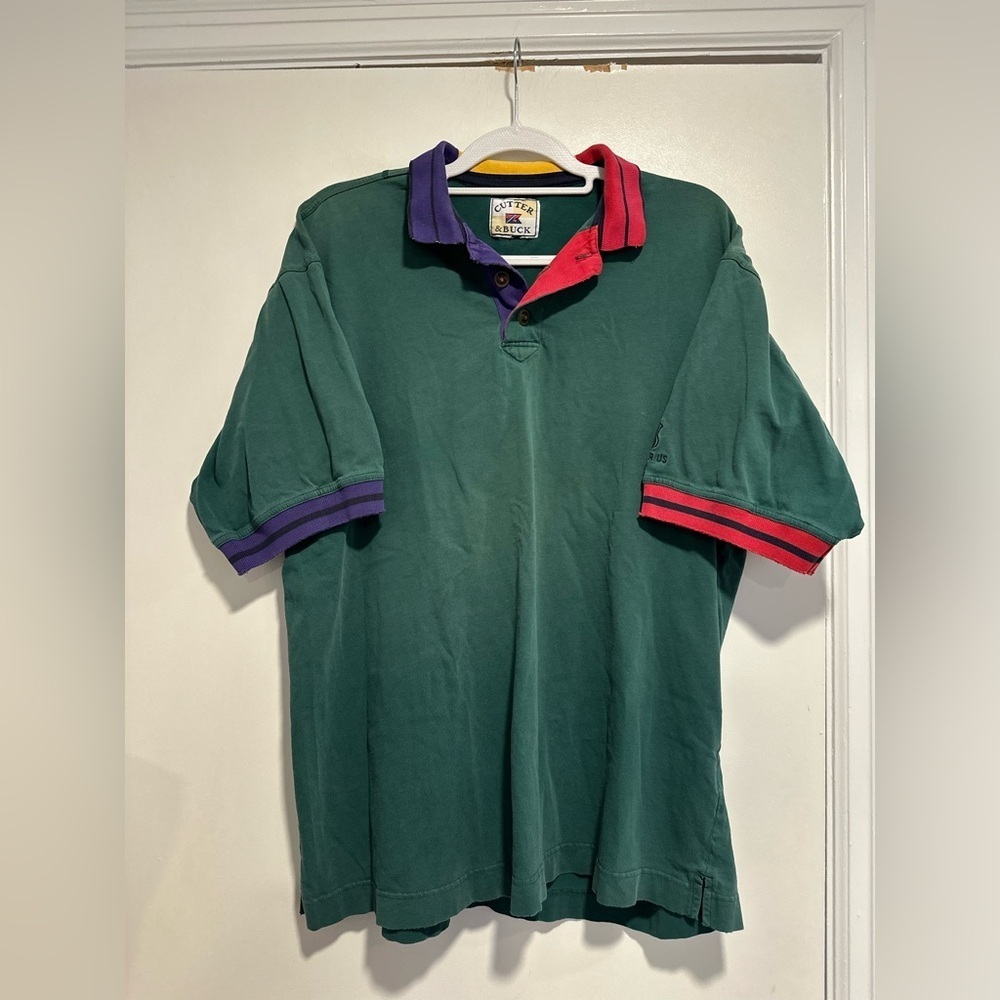 VTG 90s Cutter & Buck Rugby green polo shirt Multicolor collar Route66 Embroider